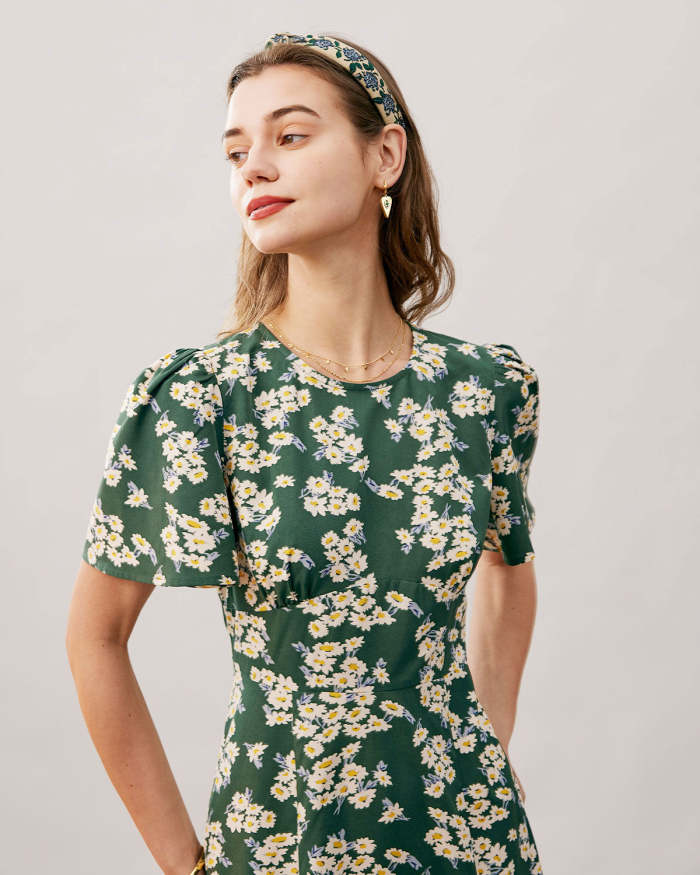 The Green Round Neck Short Sleeve Floral Midi Dress