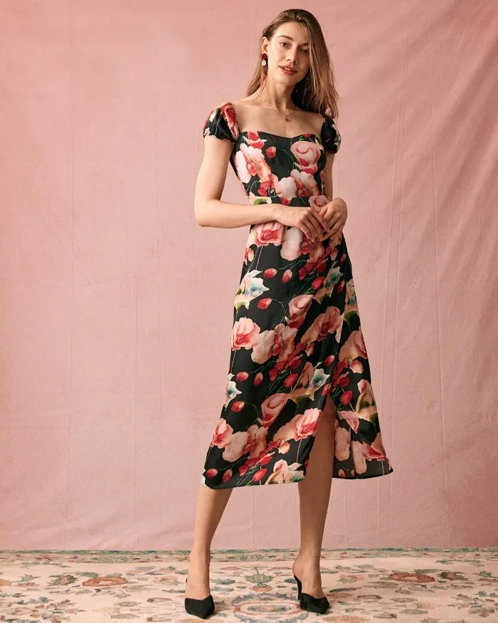 The Square Neck Floral Shirred Midi Dress
