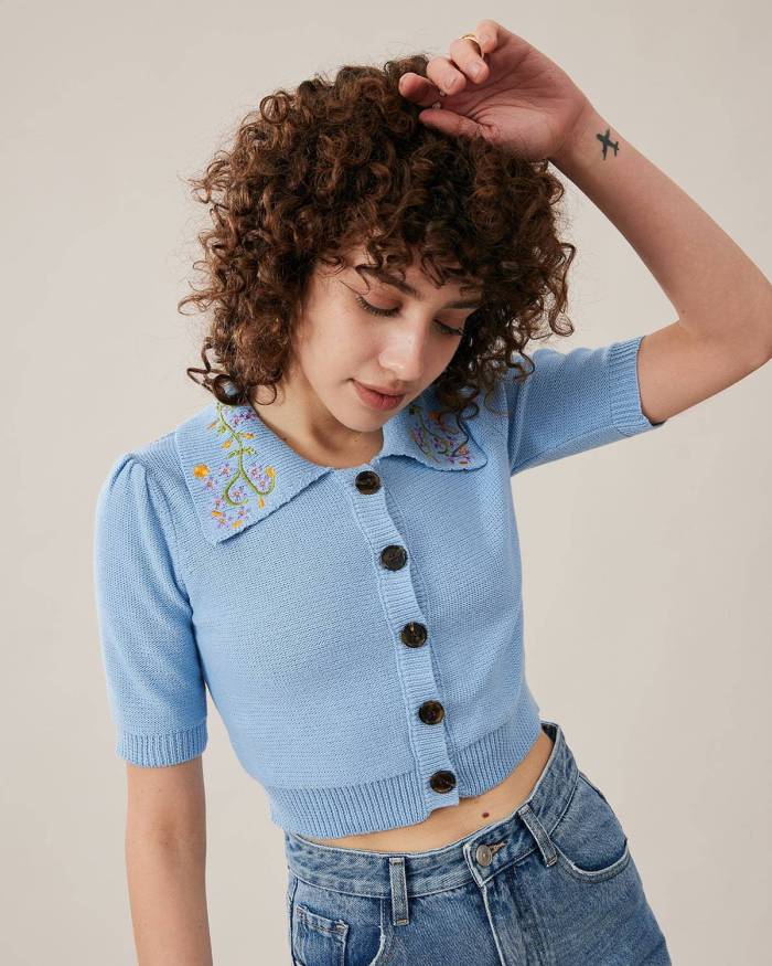 The Floral-Embroidered Fitted Crop Tee