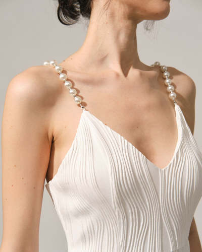 The White  Water Ripple Textured Pearl Strap Mini Dress
