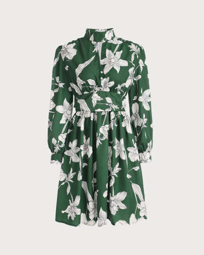 The Green Mock Neck Floral Long Sleeve Mini Dress