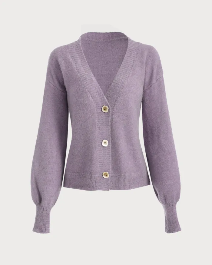 The Solid V Neck Puff Sleeve Cardigan
