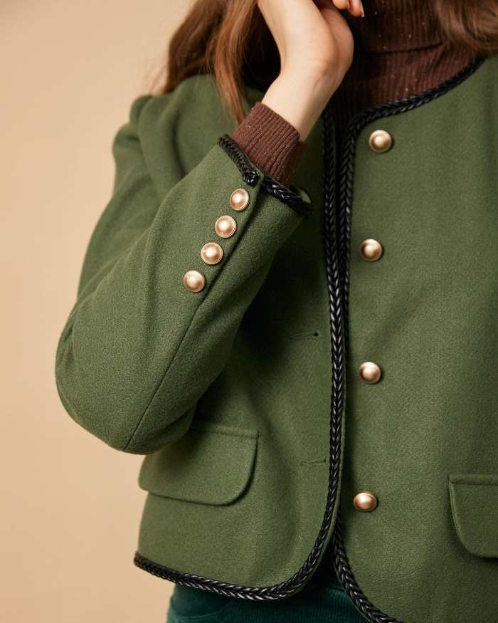 The Green Round Neck Button-Up Jacket