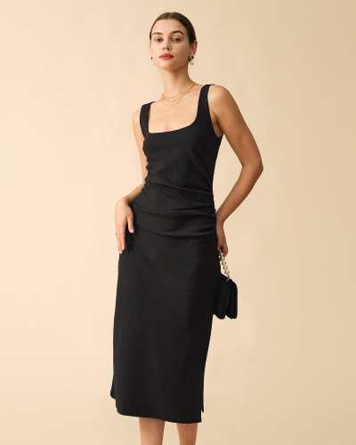 The Solid Ruched Side Slit Midi Dress
