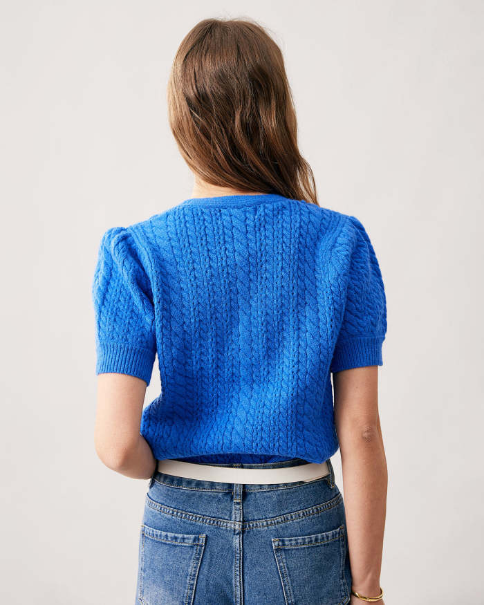 The Blue V Neck Cable Knit Short Sleeve Cardigan