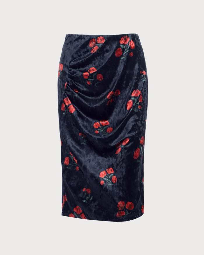The High Waisted Floral Velvet Midi Skirt