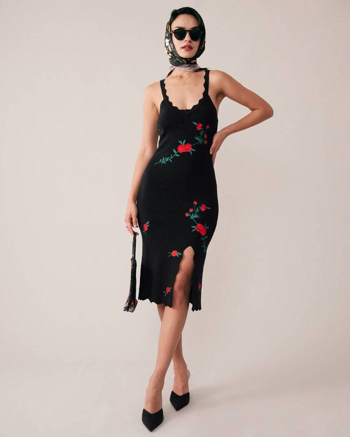 The Rose Embroidery Slit Midi Dress