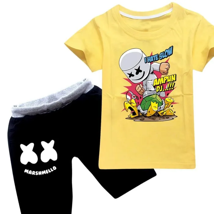 Ampun Dj Marshmello Print Boys Girls Cotton T Shirt Black Shorts Suit