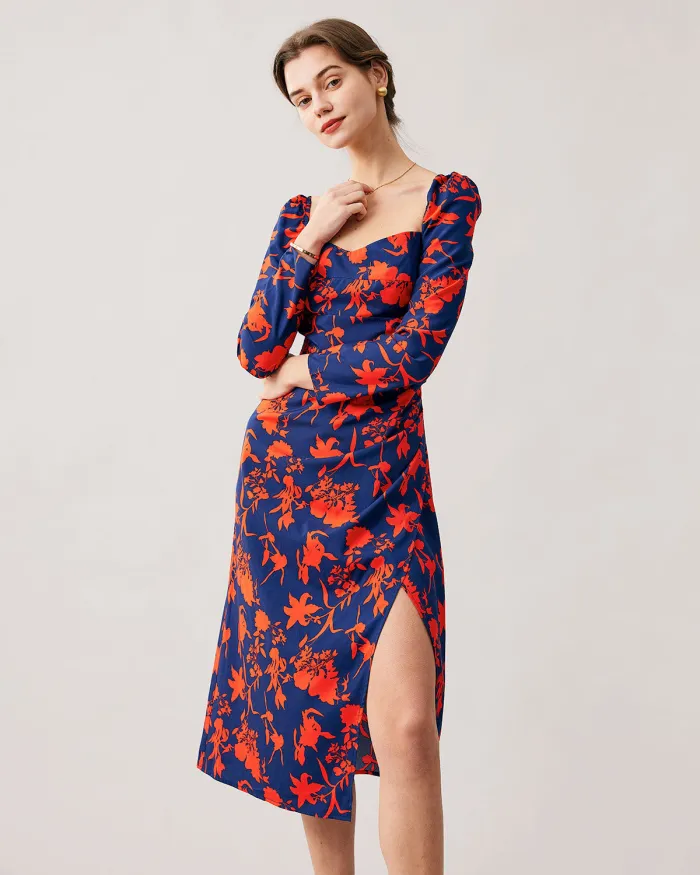 The Red Sweetheart Neck Floral Long Sleeve Midi Dress
