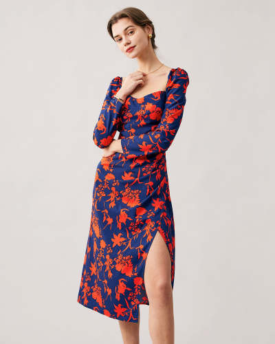 The Red Sweetheart Neck Floral Long Sleeve Midi Dress