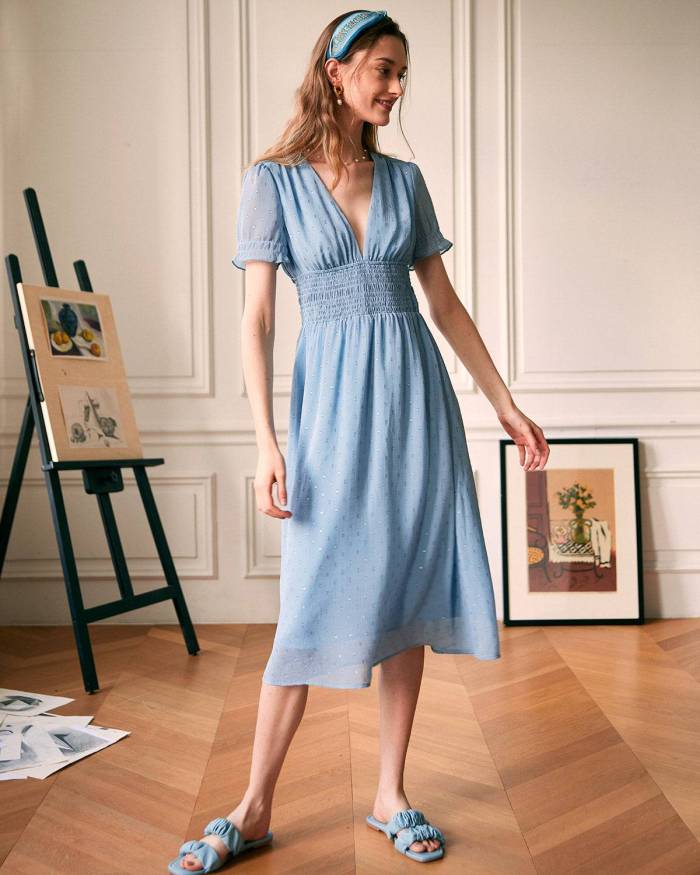 The Shirred V Neck Midi Dress