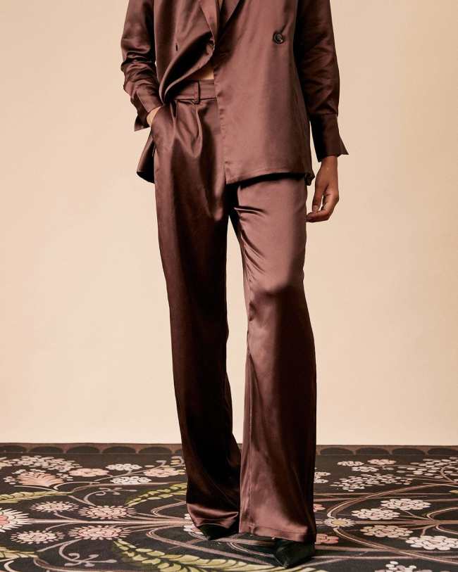 The Brown Solid Pleated Satin Straight Pants