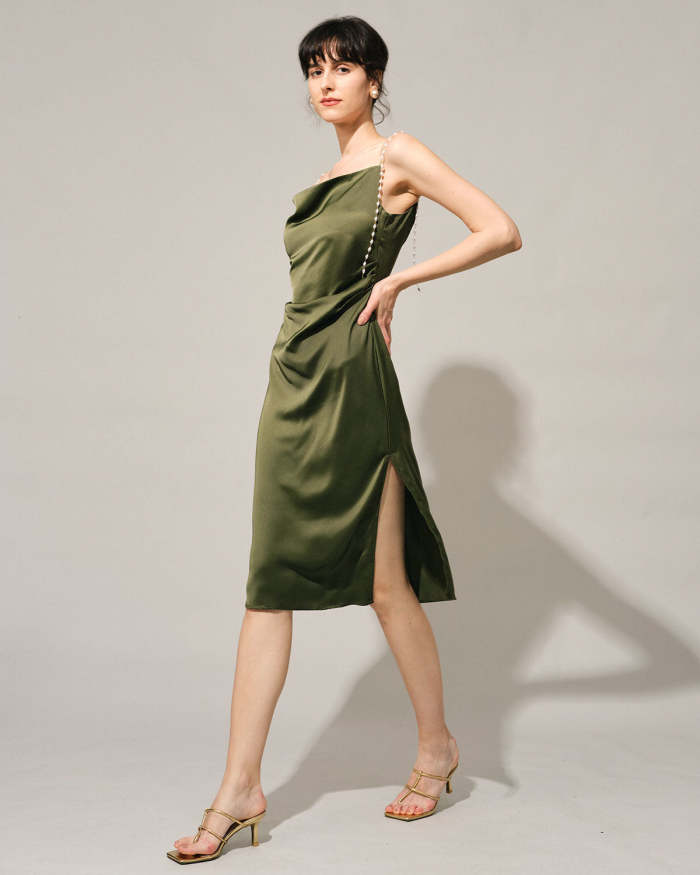 The Green Cowl Neck Pearl Strap Midi Dress