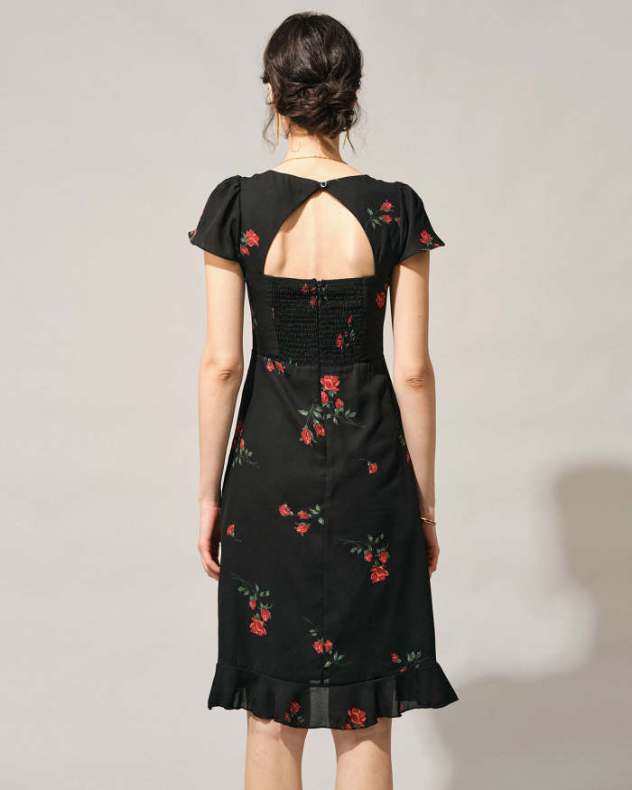The Black Square Neck Backless Floral Midi Dress