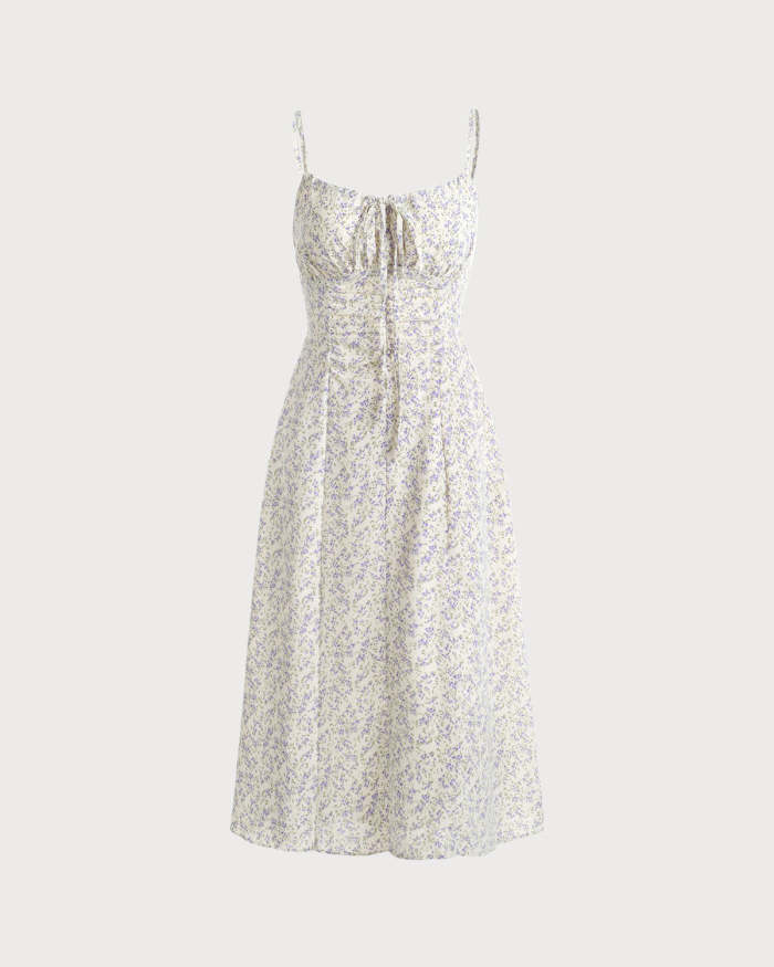 The Beige Floral Ruched Slip Midi Dress