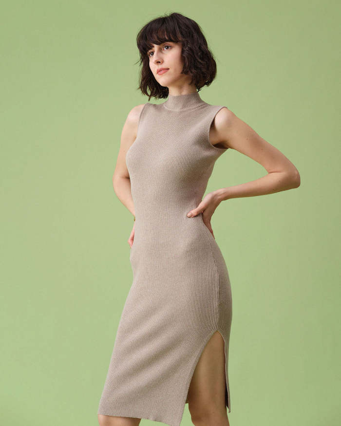 The Khaki Mock Neck Sleeveless Knit Midi Dress