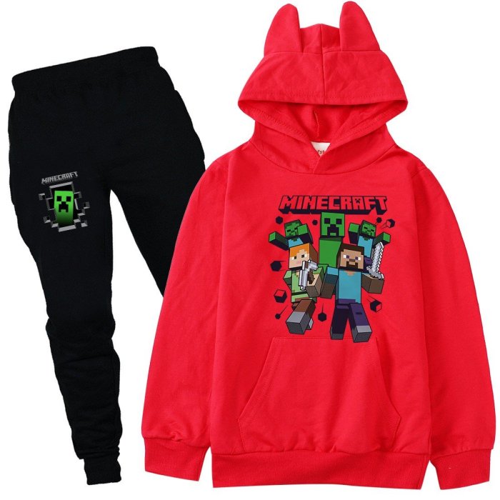 Minecraft Print Girls Boys Hooded Sweatshirt Pants Set Sportswear Suit