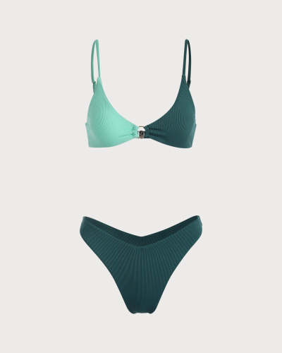 The Green V Neck Colorblock Ribbed Bikini Set