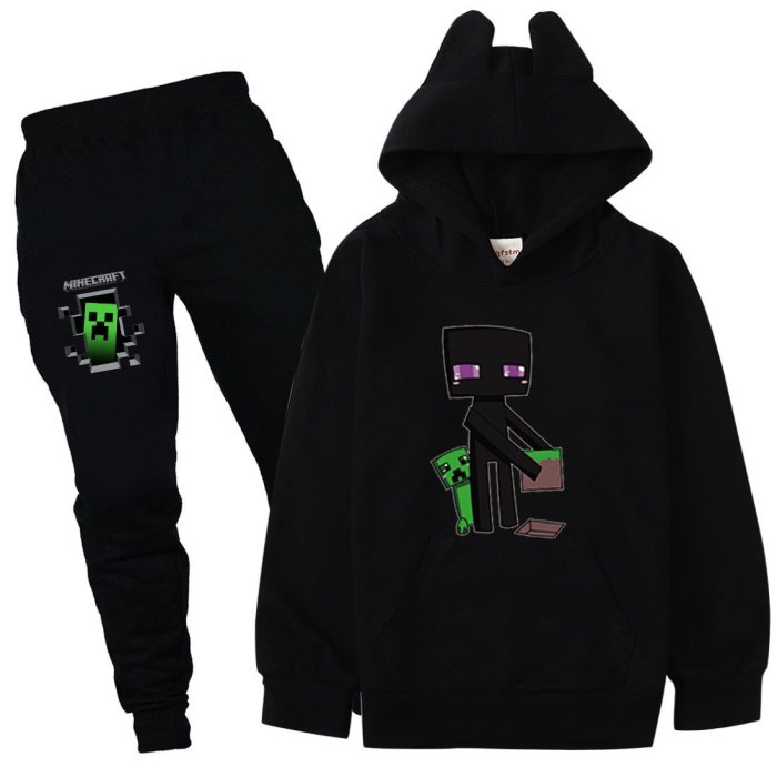 Minecraft Black And Green Frog Print Girls Boys Hoodie Pants Tracksuit