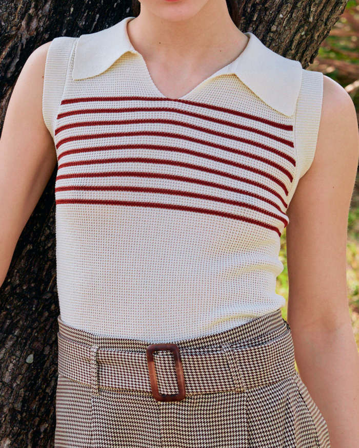 The Beige Collared Sleeveless Striped Knit Top