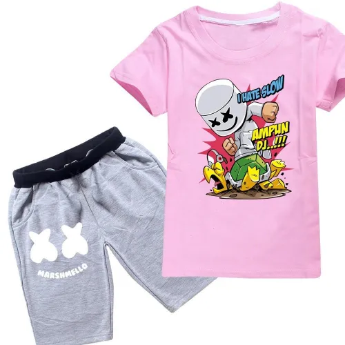Boys Girls Ampun Dj Marshmello Print Cotton T Shirt N Grey Shorts Suit