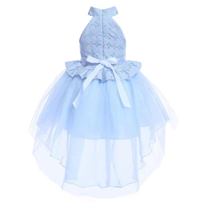 Girls Light Blue Lace Flower Peplum Tiers Tulle Party Gown Dress