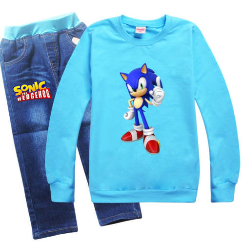 Boys Girls Sonic The Hedgehog Print Pullover Hoodie Jeans Outfit Sets