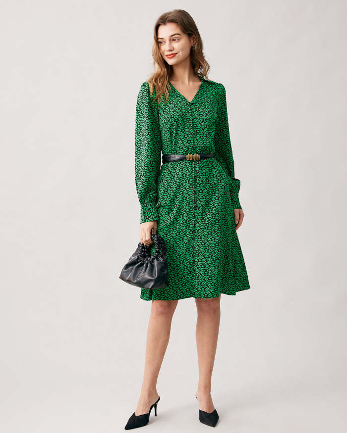 The Green V Neck Floral Long Sleeve Midi Dress