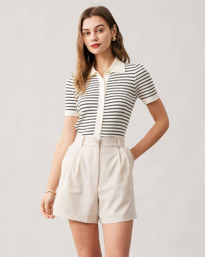 The Lapel Button Up Striped Knit Top