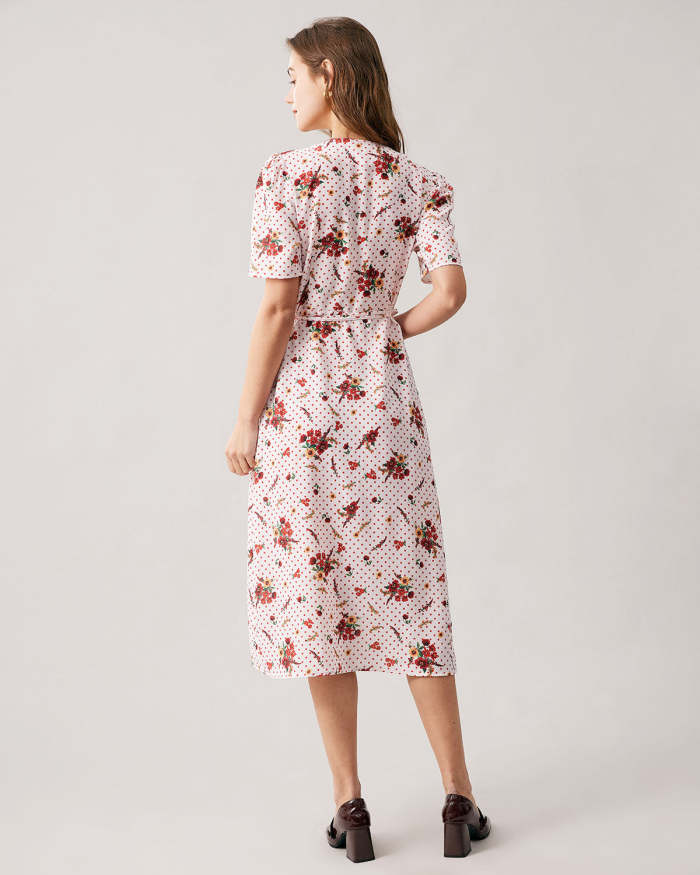 The Red V Neck Floral Print Wrap Midi Dress
