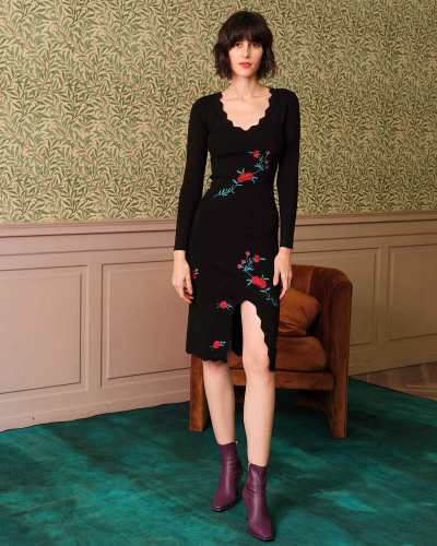 The Embroidered Side Slit Knit Midi Dress
