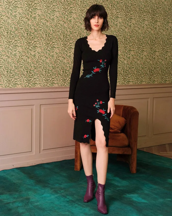 The Embroidered Side Slit Knit Midi Dress