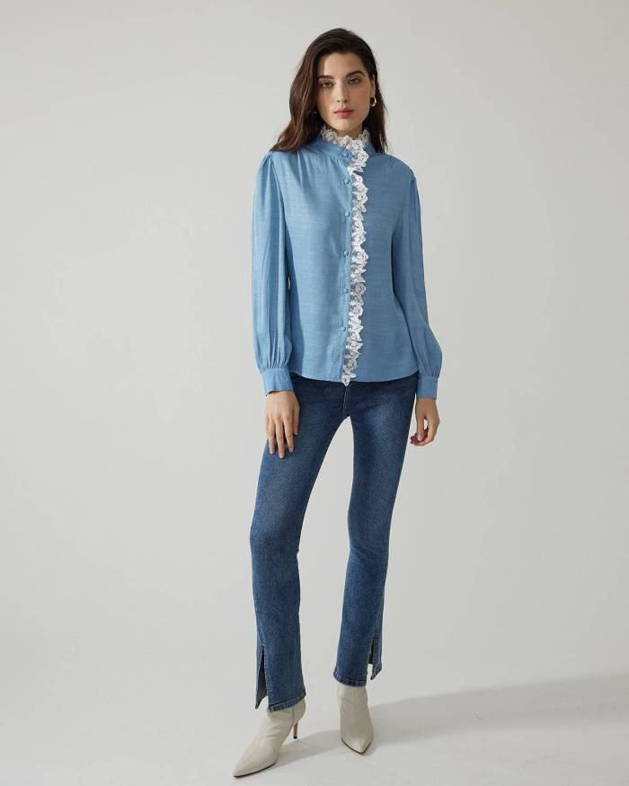 The Lace Spliced Stand Collar Shirt