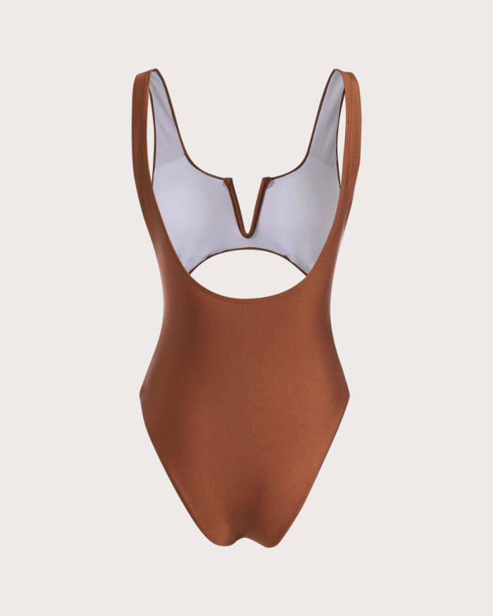 The Coffee V Neck Cutout One-Piece Swimsuit