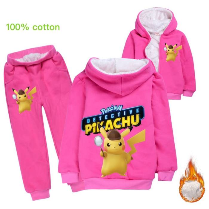 Pokemon Detective Pikachu Print Girls Boys Fleece Lined Hoodie N Pants