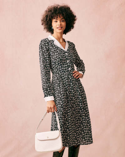 The Collared Patchwork Long Sleeve Midi Dress