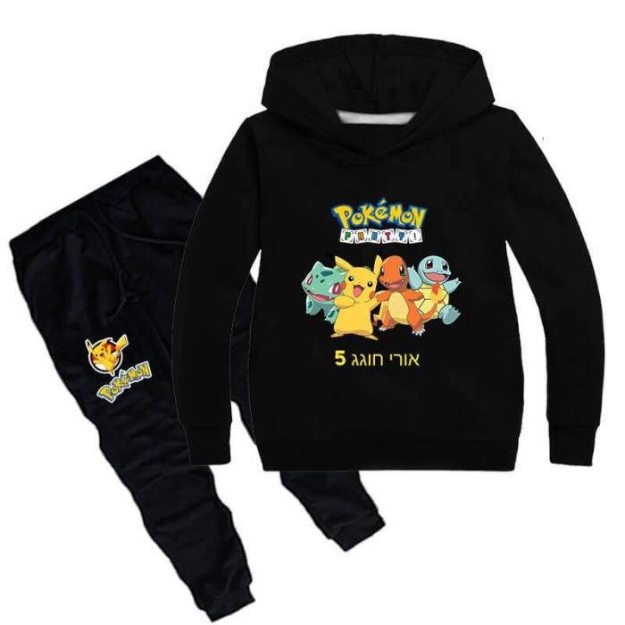 Pokemon Family Pikachu Print Girls Boys Cotton Hoodie Sweatpants Suit