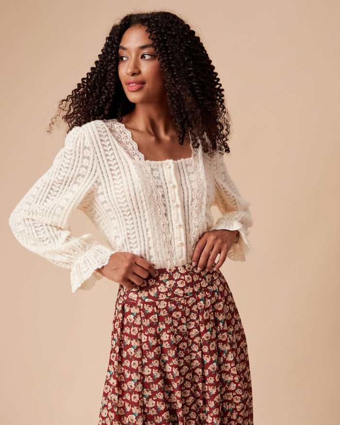 The Beige Solid Lace Trim Blouse