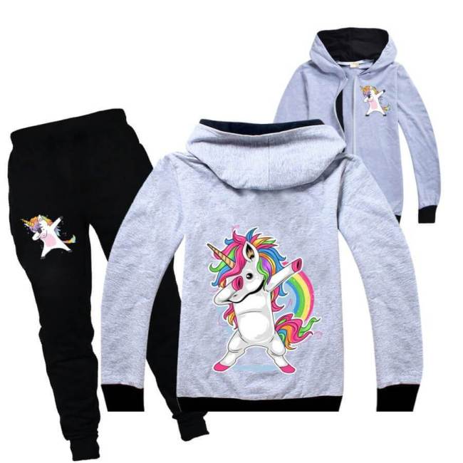 Dab Dance Rainbow Unicorn Print Girls Boys Zip Up Hoodie And Pants Set