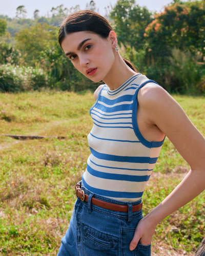 The Blue Striped Sleeveless Knit Tank Top