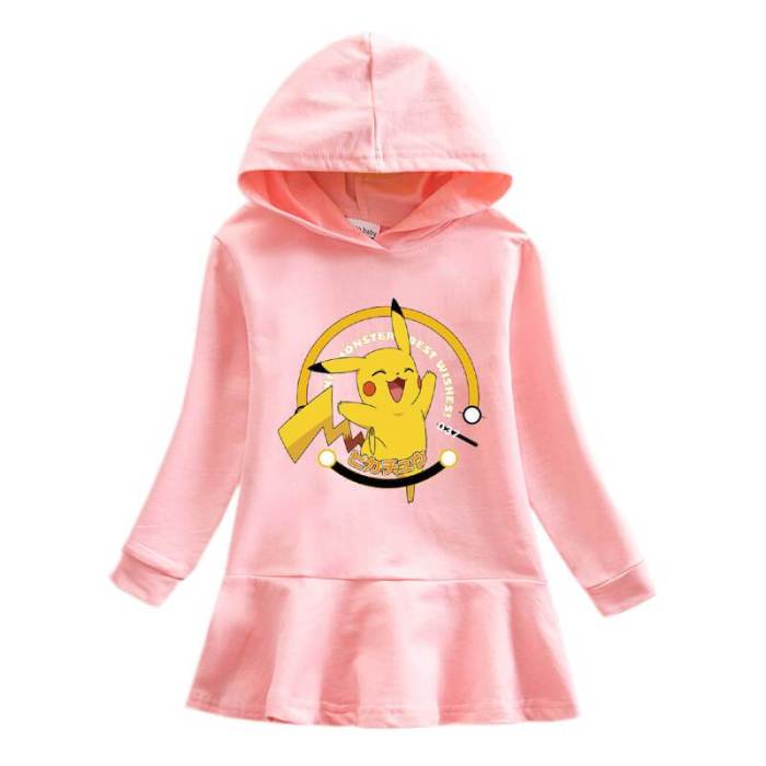 Cute Pikachu Print Girls Long Sleeve Hooded Frill Hem Sweatshirt Dress