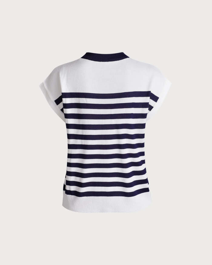 The Navy Round Neck Striped Knit Top
