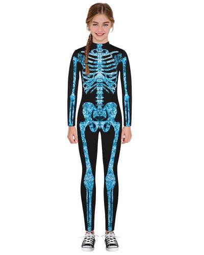 Girls Boys Blue Diamond Skeleton Catsuit Kids Halloween Costume