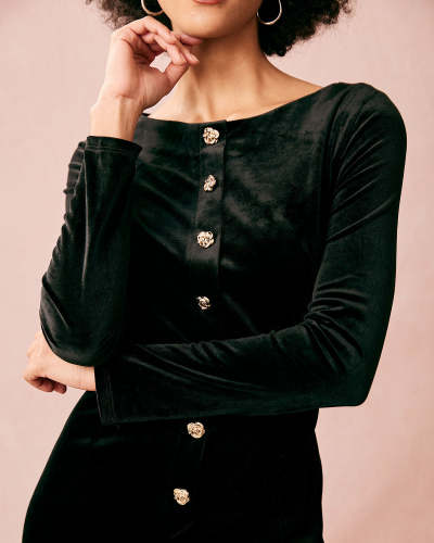 The Black Round Neck Velvet Midi Dress
