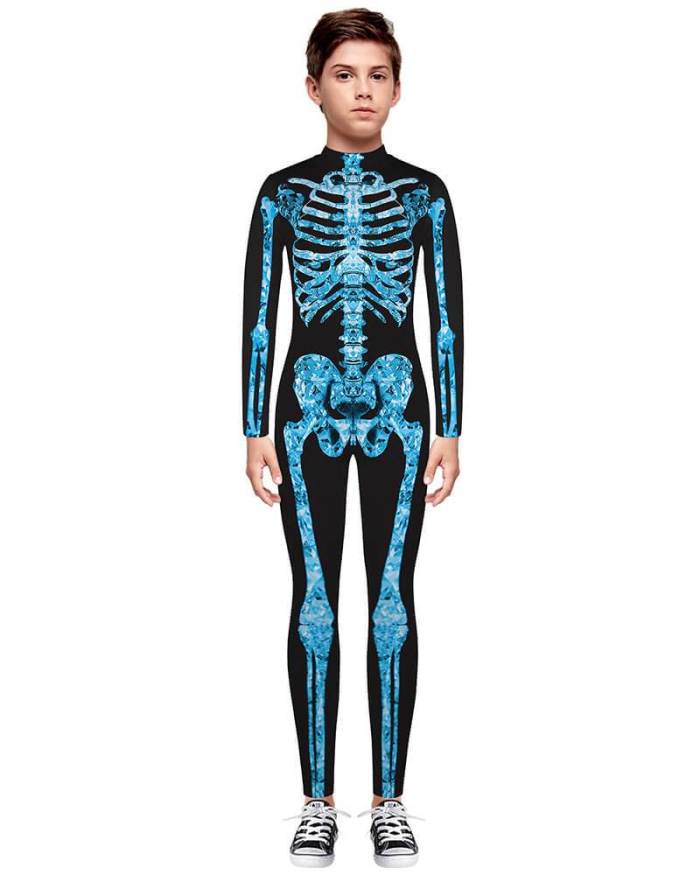 Girls Boys Blue Diamond Skeleton Catsuit Kids Halloween Costume