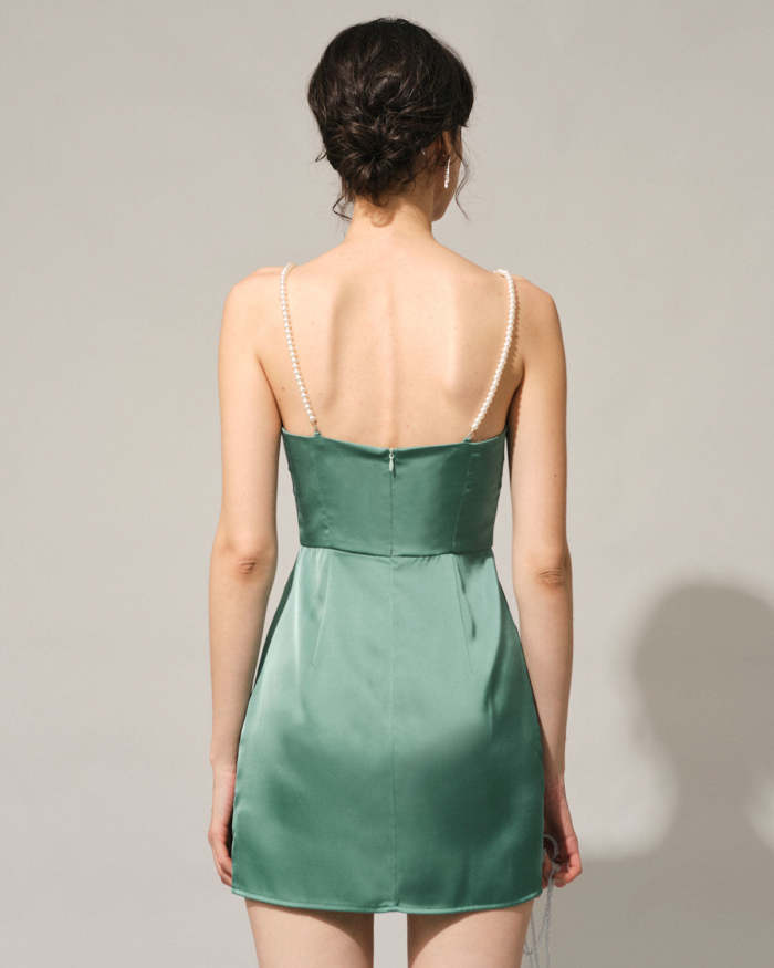 The Green Pearl Strap Satin Mini Dress