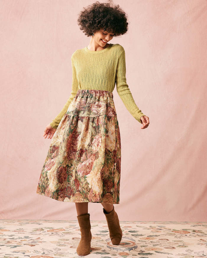 The High Waisted Floral Tiered Midi Skirt