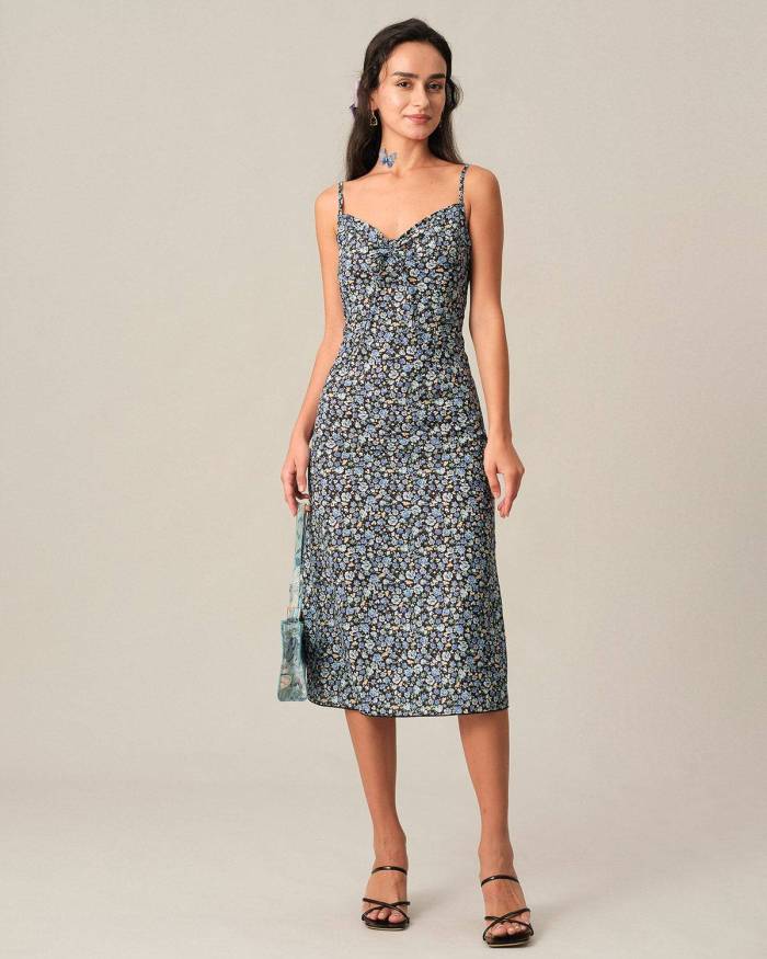 The Blue Floral Ruched Midi Dress