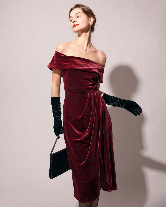 The Wine Red Off-The-Shoulder Ruched Velvet Midi Dress