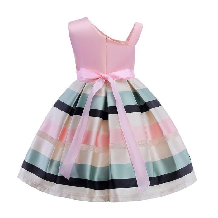 Girls Pink Irregular Beaded Applique Bowknot Stripe Party Gown Dress